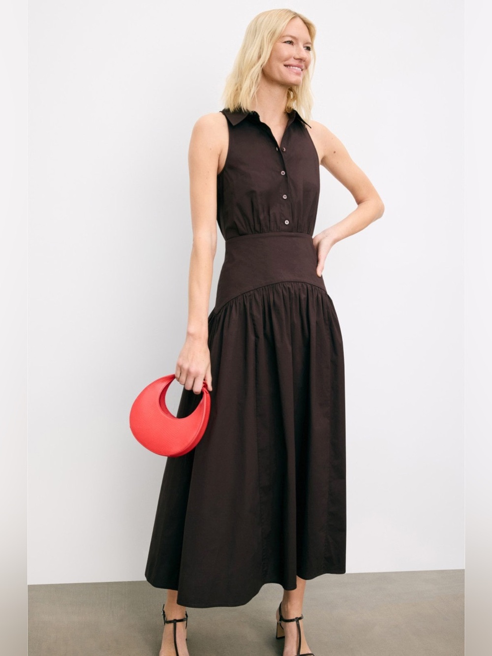 STAUD Romy Midi Dress Earth Cafe Brown Sleeveless Collared 10